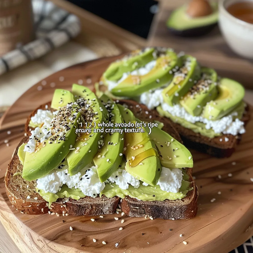 Fresh avocado toast with a thick layer of cottage cheese and a sprinkle of seasoning.