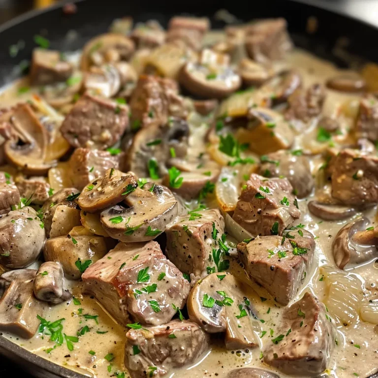 A detailed close-up of a hearty creamy garlic beef and mushroom dish, highlighting the tender meat and creamy texture.