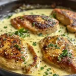 Juicy chicken breasts in a skillet, coated with creamy garlic butter sauce and garnished with parsley.