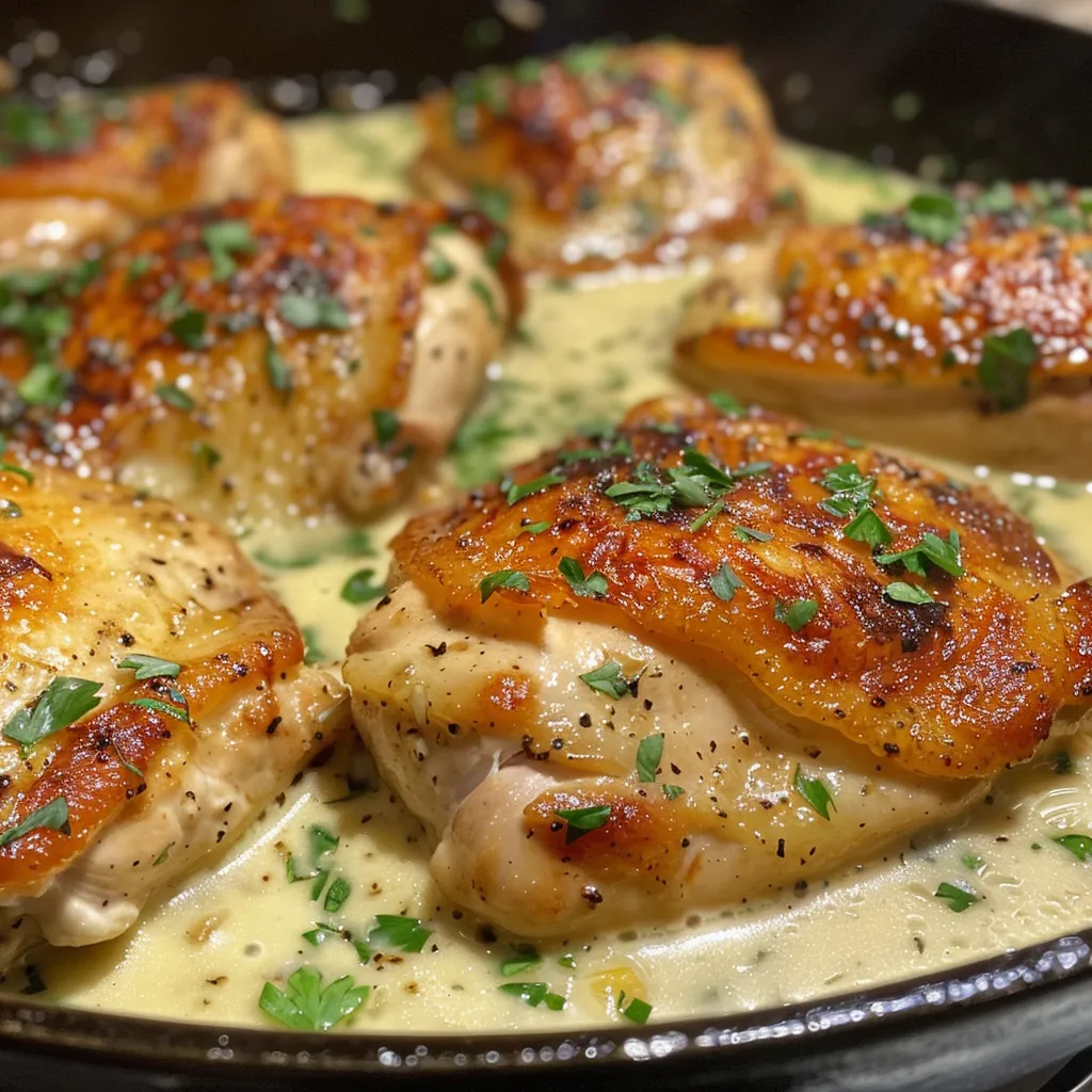 A vibrant skillet featuring succulent chicken breasts in a luscious garlic butter sauce.