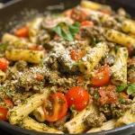 Juicy beef mixed with pasta and pesto, garnished with fresh basil, in a frying pan.