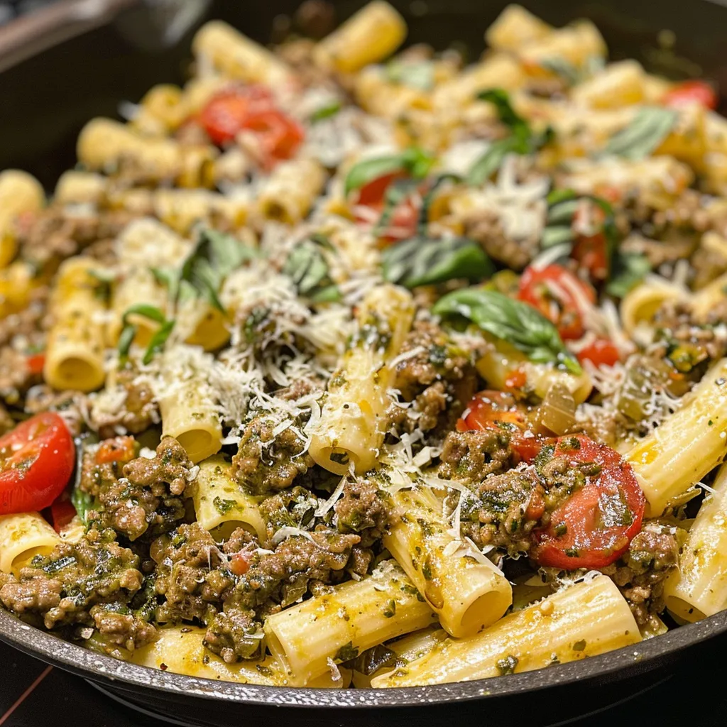Side view of a hearty pasta skillet featuring pesto, ground beef, and juicy cherry tomatoes.