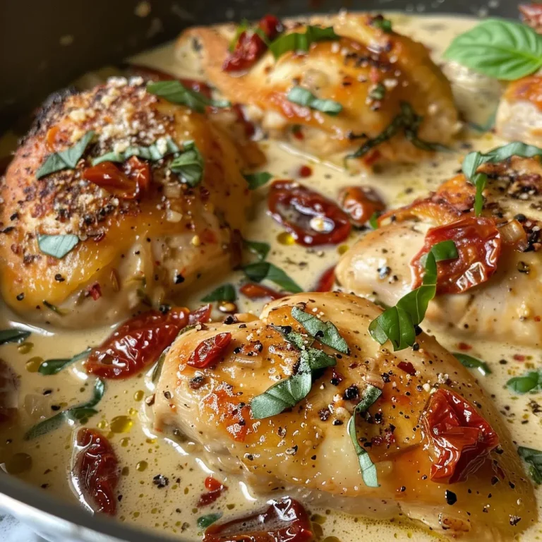 Side view of a plated dish featuring creamy chicken with sun-dried tomatoes.
