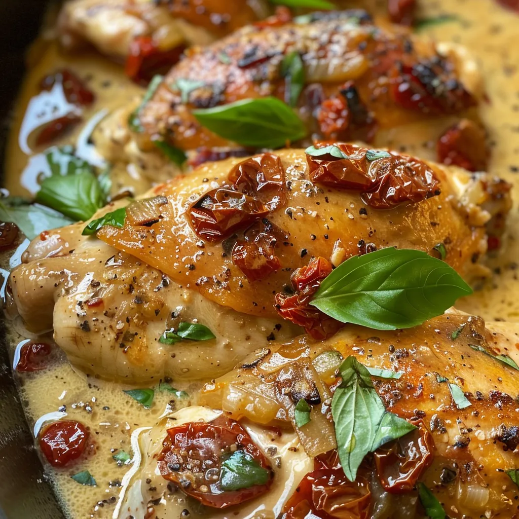 Succulent chicken breasts in a creamy sauce with sun-dried tomatoes and herbs.
