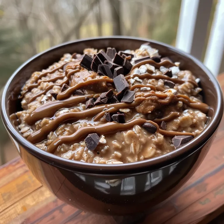 Appetizing dark chocolate peanut butter oatmeal displayed in a rustic bowl.