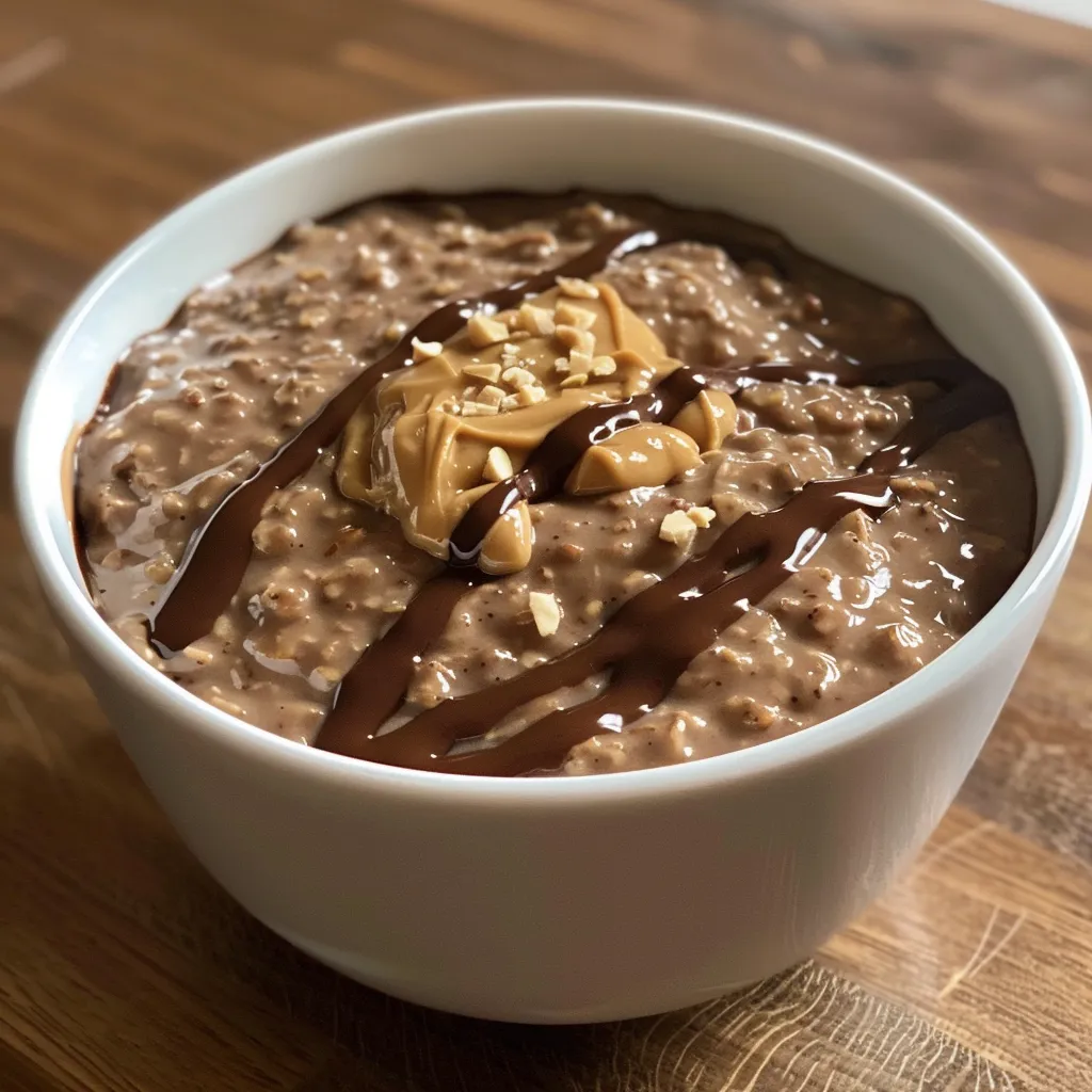 Smooth dark chocolate peanut butter oatmeal with a glossy finish.