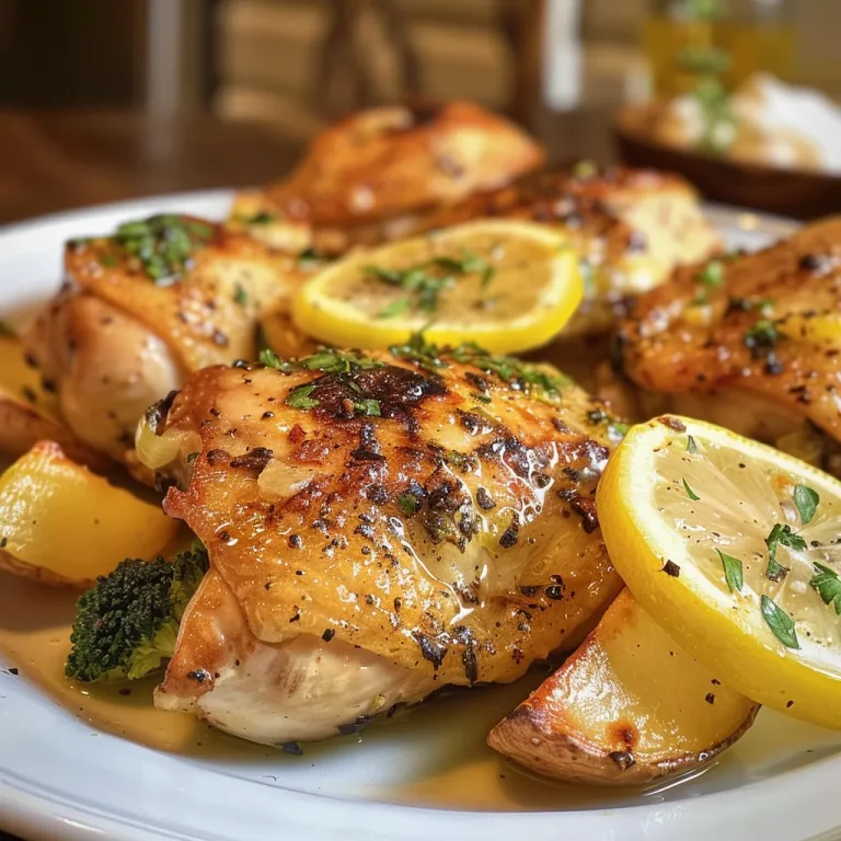 Succulent chicken thighs marinated with garlic and lemon, surrounded by vibrant green broccoli.