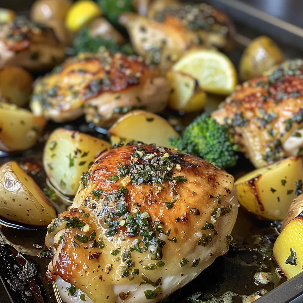 Sheet pan dinner featuring lemon garlic chicken, potatoes, and colorful broccoli florets.