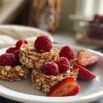 Side view of easy oatmeal cups highlighting their creamy texture and topping.