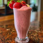 Close-up view of a vibrant strawberry smoothie in a clear cup, garnished with fresh strawberries.
