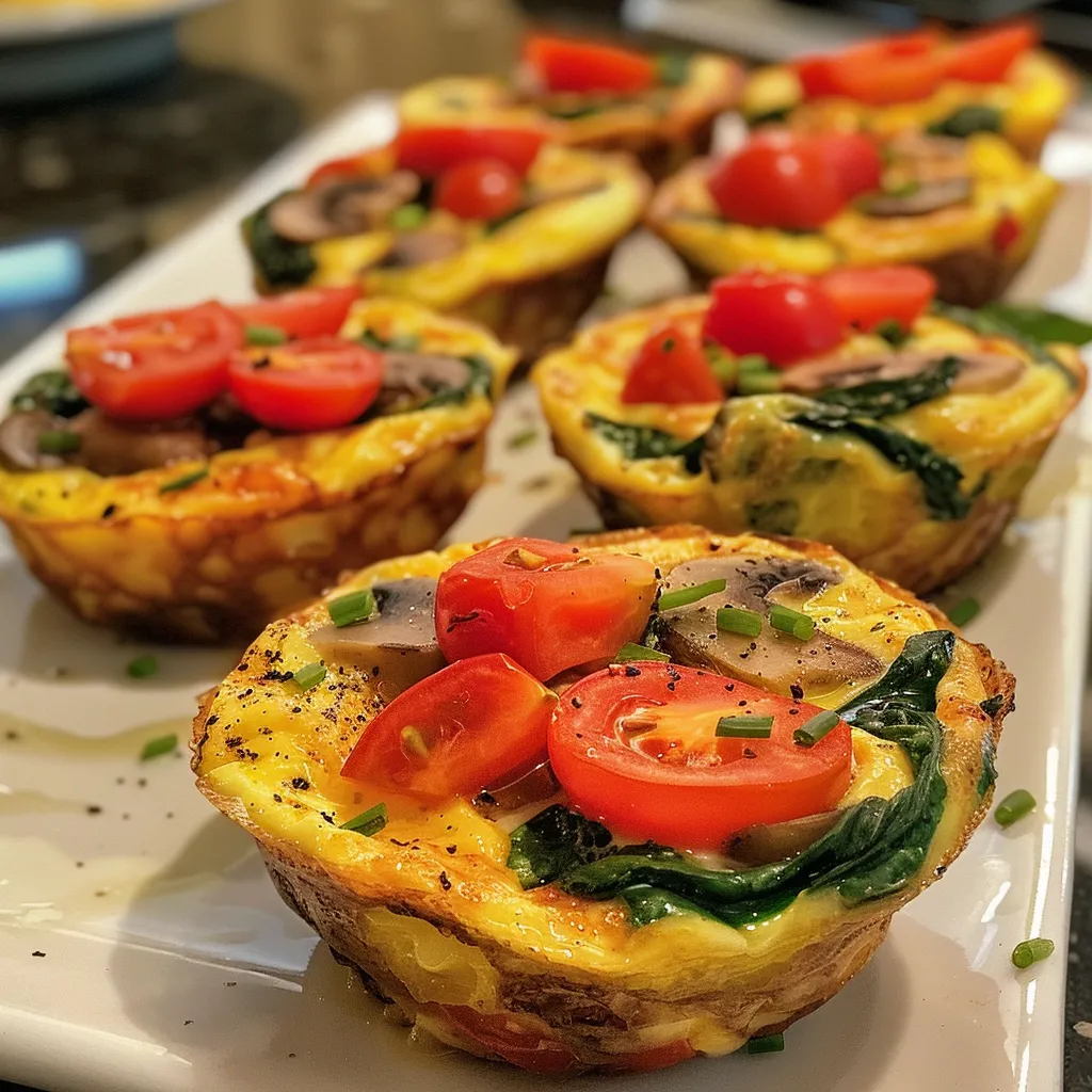 Tasty Egg Muffin Cups highlighted with diced mushrooms and green peppers in a muffin tin.