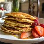 Overhead shot of cottage cheese pancakes topped with fresh berries and yogurt.