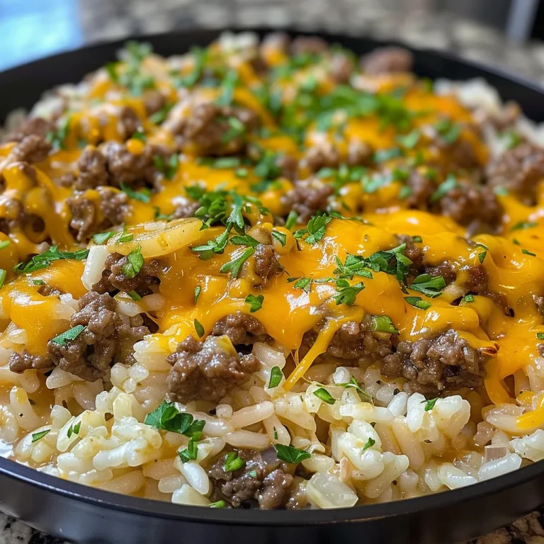 A hearty Garlic Butter Beef and Rice Skillet with golden melted cheese, rice, and garnished with parsley.