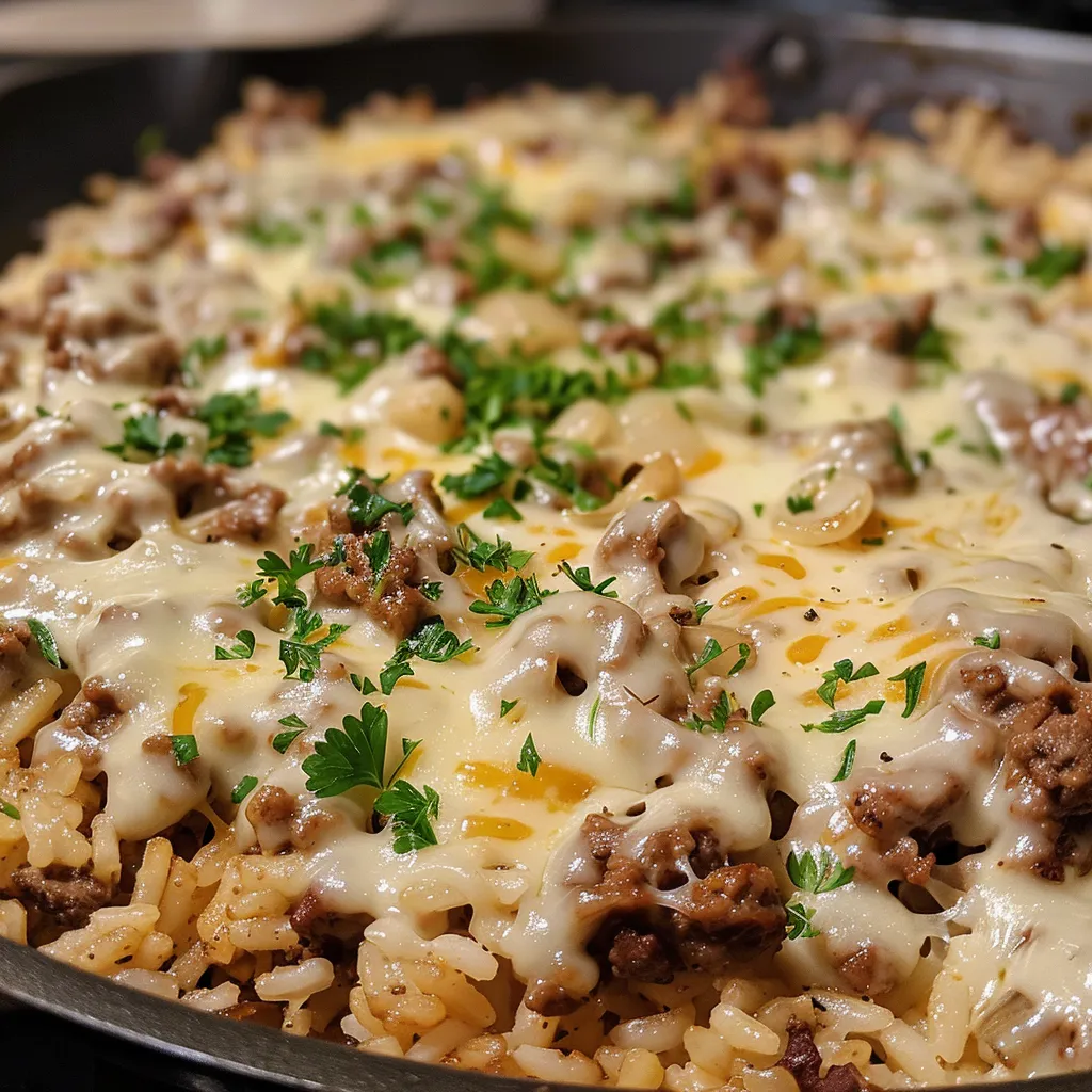 Side view of a bubbling Garlic Butter Beef and Rice Skillet with rice, ground beef, and a sprinkle of herbs.