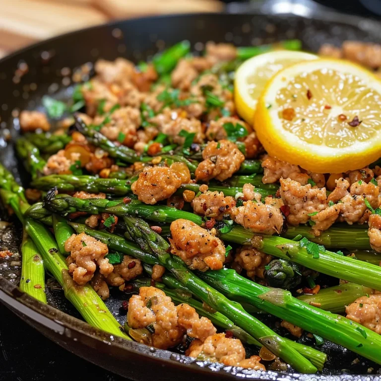 Juicy Garlic Butter Ground Turkey Skillet showcasing vibrant green asparagus and golden butter.