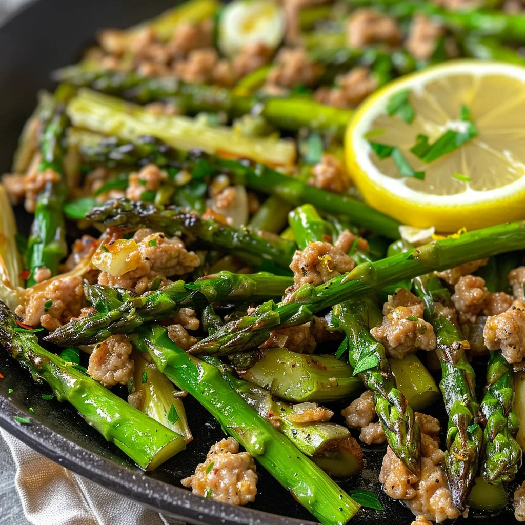A delicious mixture of ground turkey and asparagus in a skillet, highlighting chopped parsley and lemon slices.