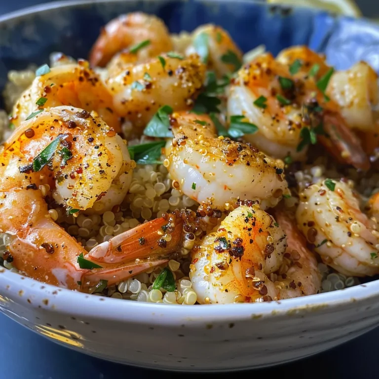 Side view of seasoned shrimp with quinoa and fresh parsley.