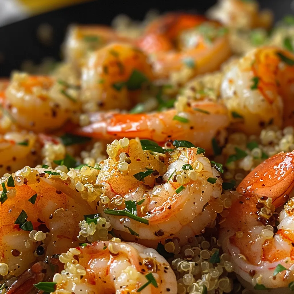 Colorful dish featuring garlic butter shrimp and fluffy quinoa.