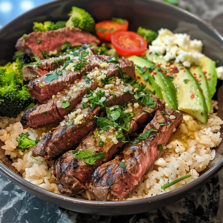 Appetizing Garlic Butter Steak Protein Bowl showcasing tender steak, fresh veggies, and rice base.
