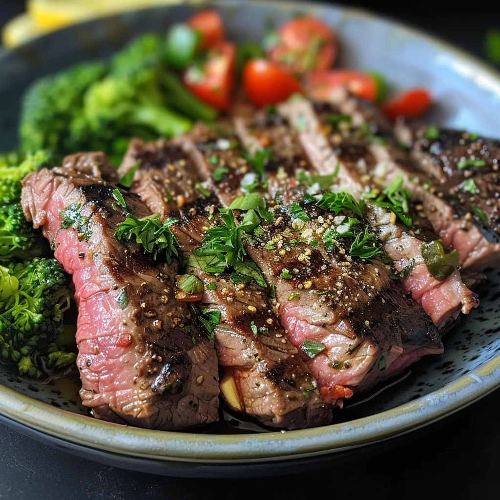 Garnished Garlic Butter Steak Protein Bowl with steak, garlic butter sauce, and a side of lemon wedges.
