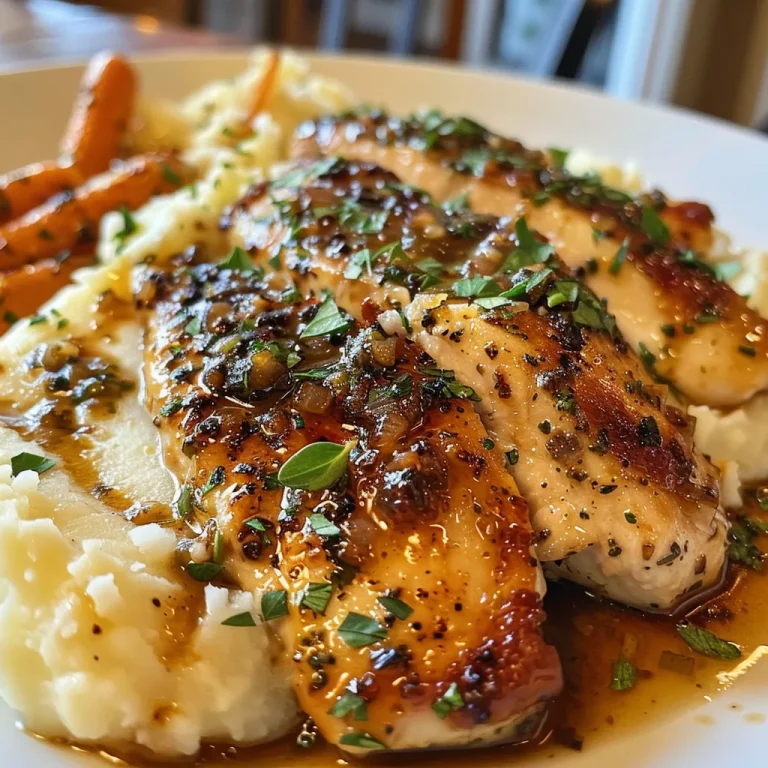 Side view of a plate featuring Garlic Herb Chicken, smooth mashed potatoes, and bright orange glazed carrots.