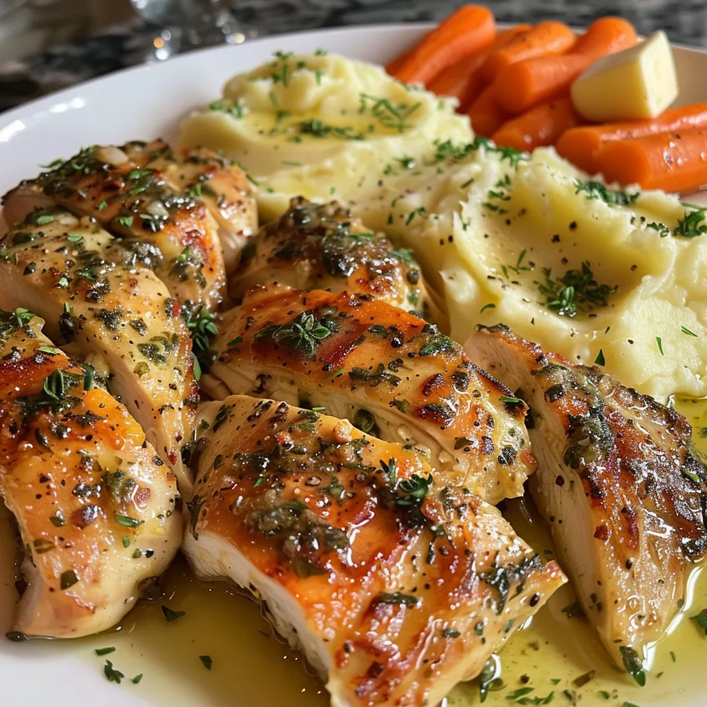 A delicious serving of Garlic Herb Chicken with buttery mashed potatoes and colorful glazed carrots.