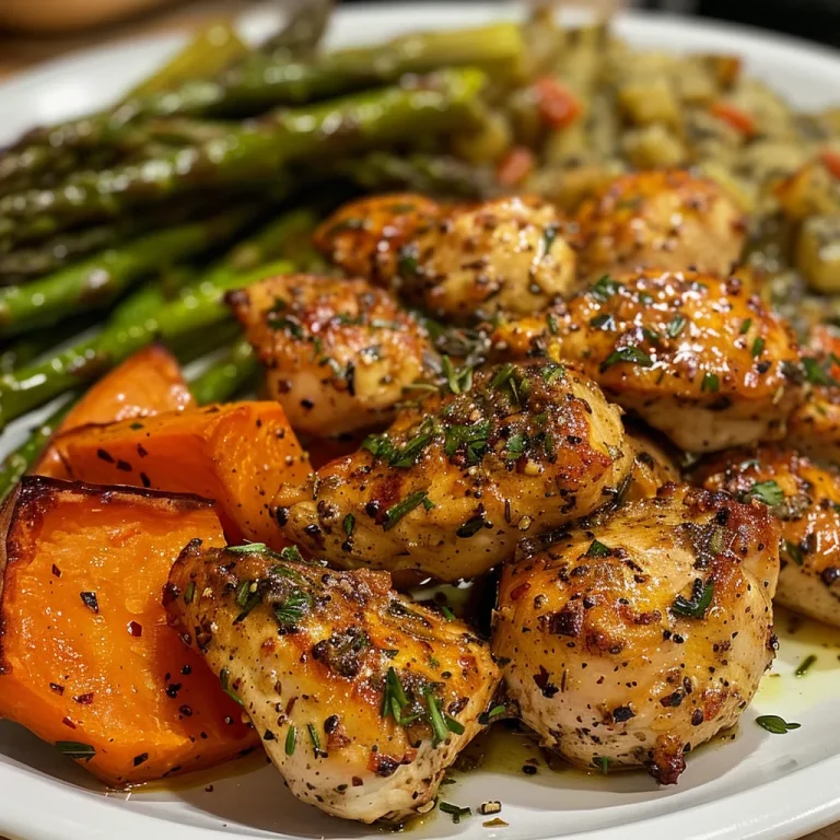 Plated garlic herb chicken garnished with herbs, sweet potato, and asparagus, displayed artistically.