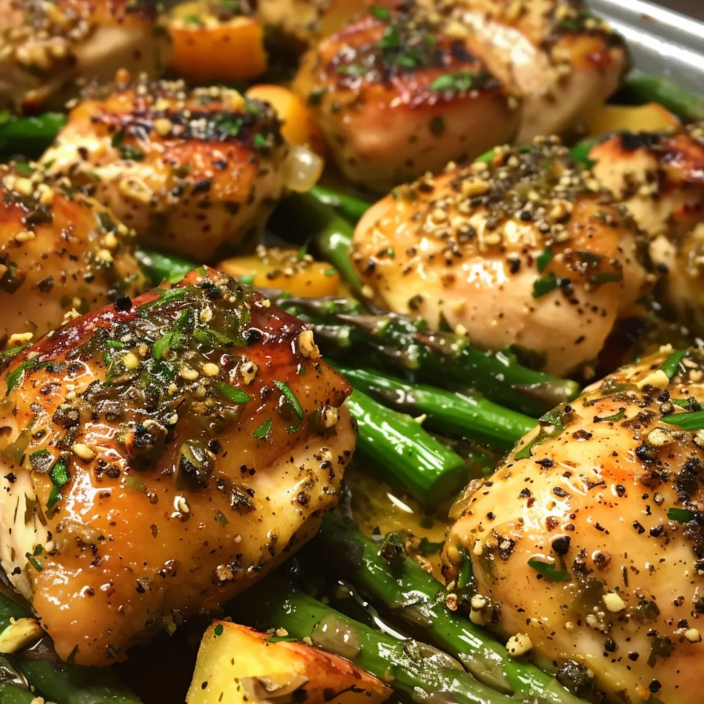 A mouthwatering plate showing garlic herb chicken, sweet potato wedges, and sautéed asparagus.