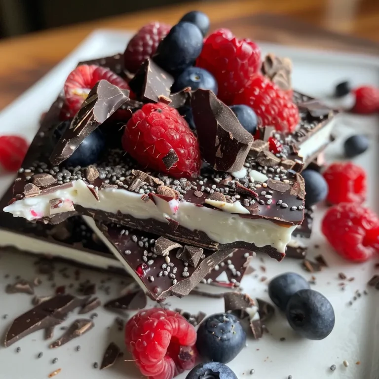 A detailed look at Greek yogurt bark adorned with colorful berries and bits of dark chocolate.