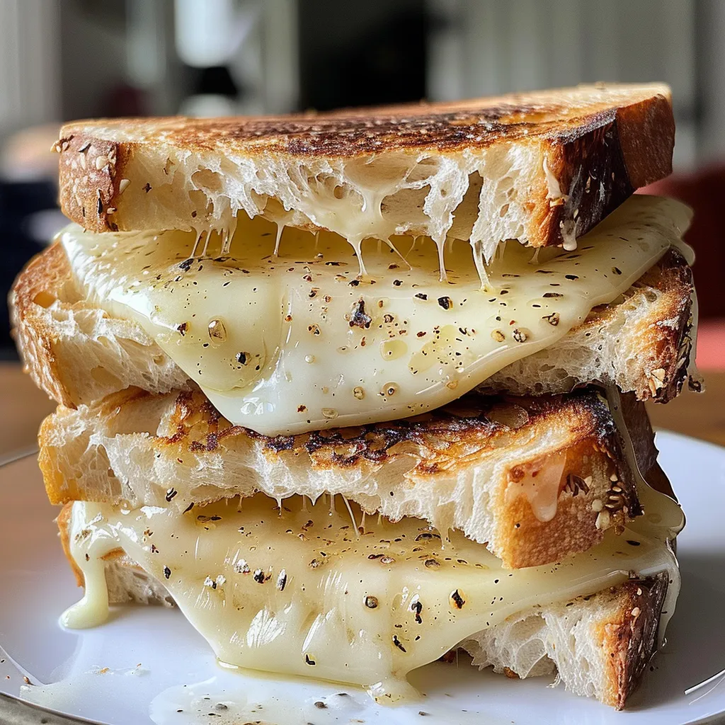 Close-up shot of a golden brown grilled cheese sandwich with crispy edges.