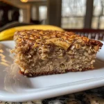 A delicious slice of Guilt-Free Banana Oatmeal Snack Cake with a light glaze.