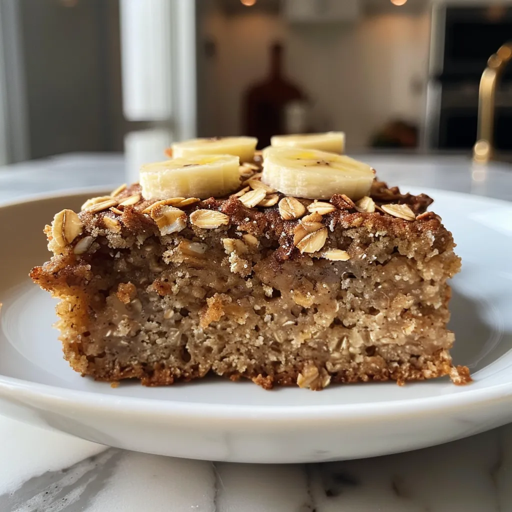Juicy banana oatmeal cake displayed with wooden utensils nearby.