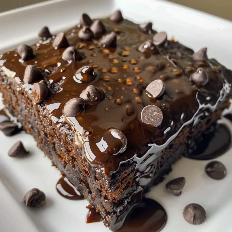 Side angle of a chocolate cake with a glossy finish and chocolate chips on top.