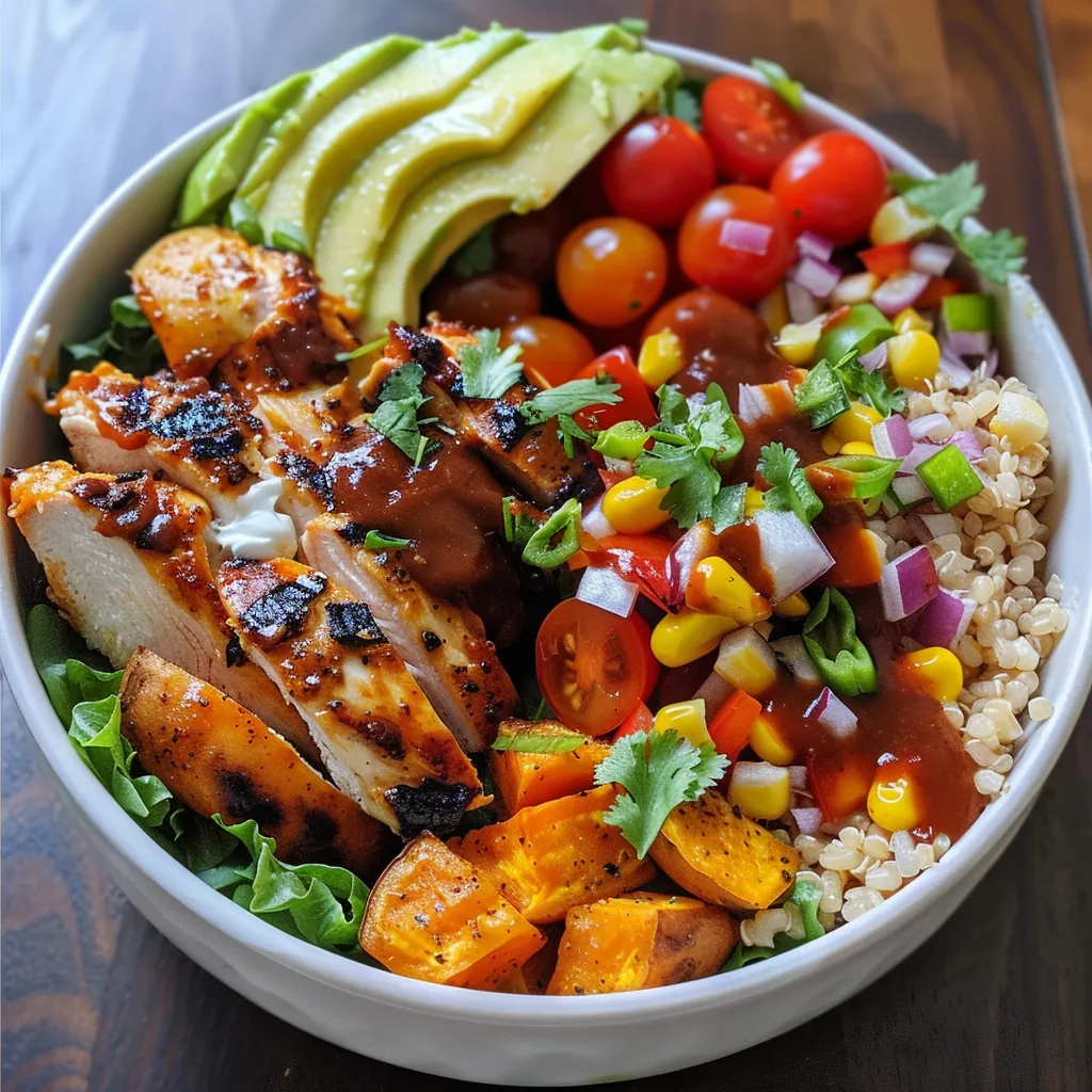 Vibrant Healthy BBQ Chicken Sweet Potato Bowl featuring grilled chicken, diced sweet potatoes, and fresh vegetables.