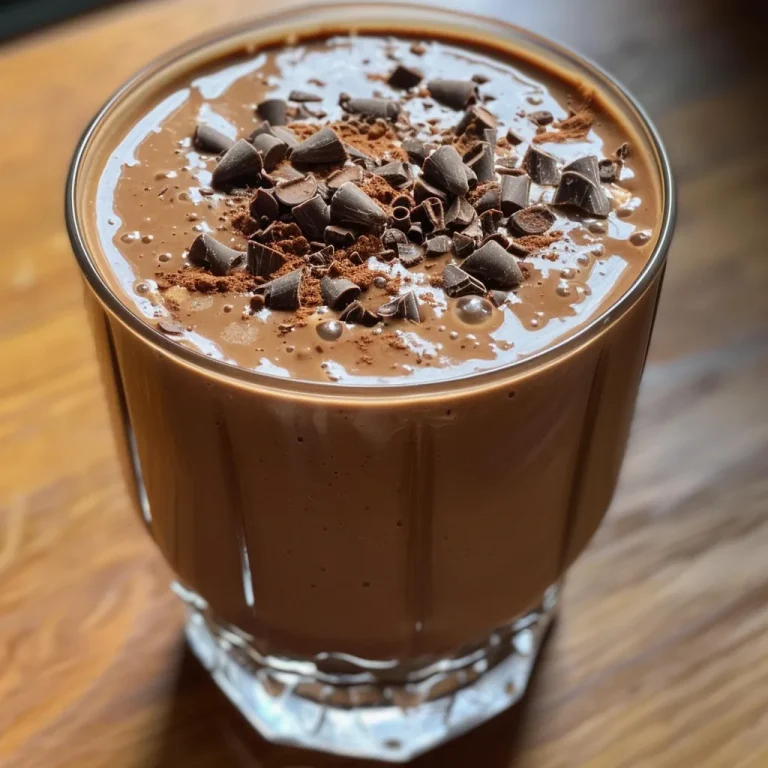 Side view of a thick, dark brown smoothie topped with a dollop of peanut butter.