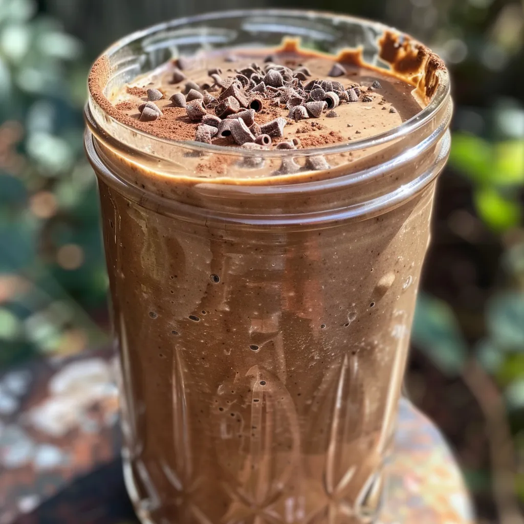 Close-up of a healthy chocolate smoothie in a glass, with a vibrant banana slice on top.