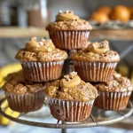 Freshly baked Healthy Peanut Butter Banana Muffins with a golden crust, showing the interior.