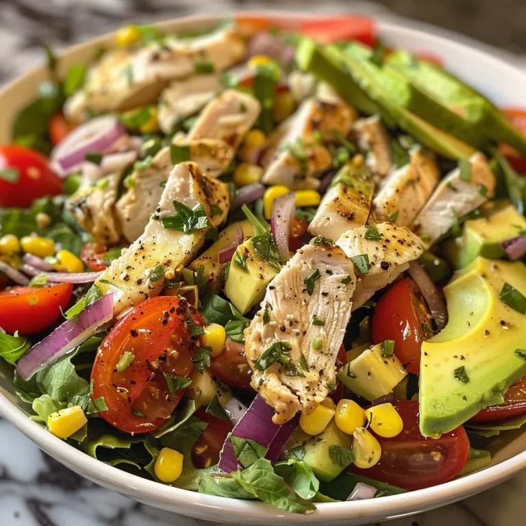 A close-up view of a Healthy Ranch Chicken Salad with vibrant greens, sliced avocado, and colorful cherry tomatoes.