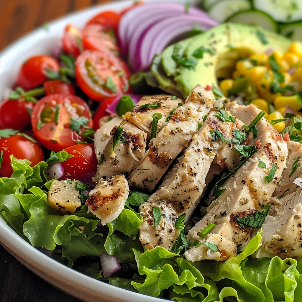 A detailed side view of a Healthy Ranch Chicken Salad featuring diced chicken, fresh vegetables, and a creamy dressing.