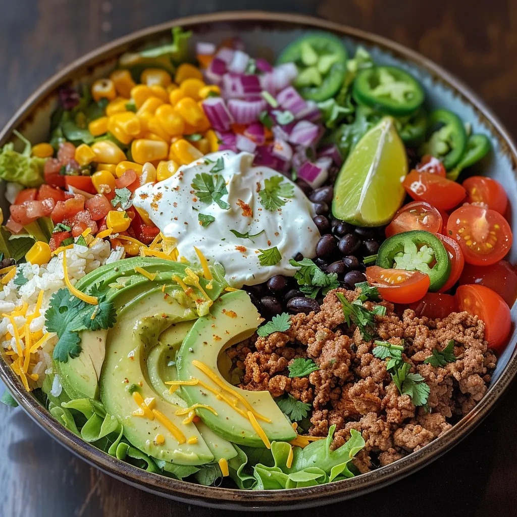 Healthy taco salad bowl featuring ground beef, chicken, and an array of fresh Mexican-style toppings.