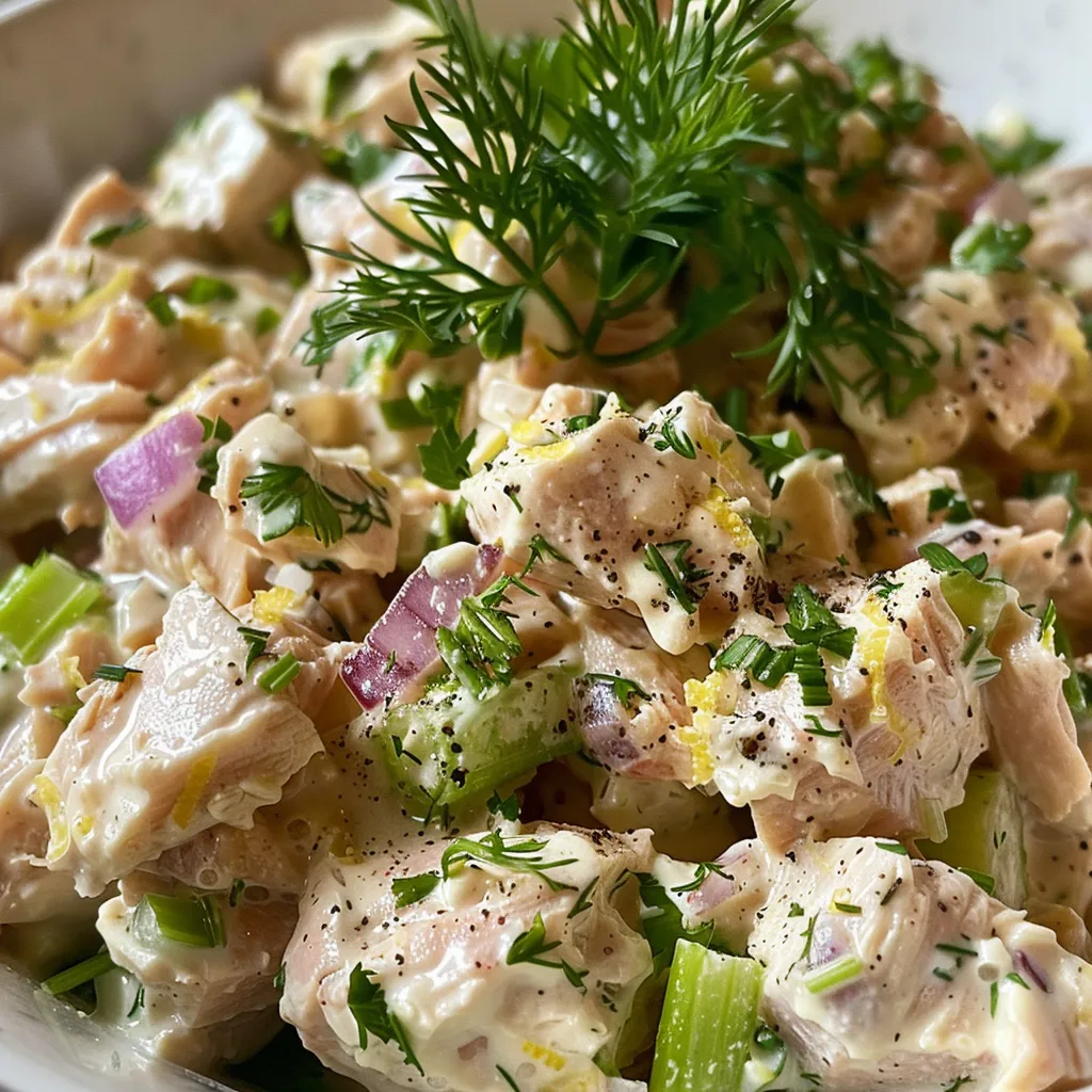 Close-up view of a healthy tuna salad showcasing its colorful texture.