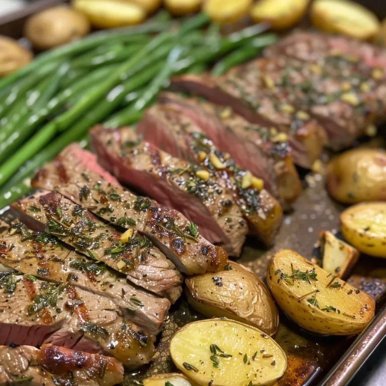 Juicy steak with herbs, roasted baby potatoes, and green beans arranged on a baking sheet.