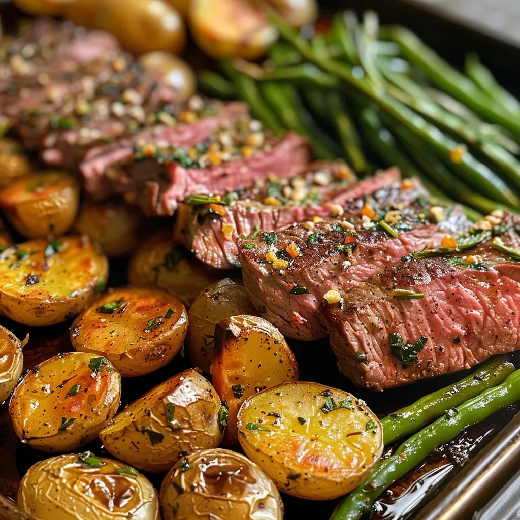 A colorful Herbed Steak Sheet Pan Dinner featuring golden potatoes and fresh green beans.