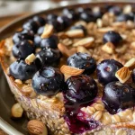 Juicy blueberry breakfast bake highlighting texture and ingredients.