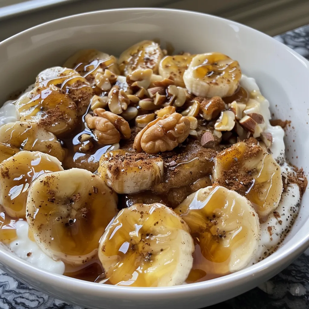 Detailed shot of a delicious high-protein bowl featuring caramelized bananas and a dollop of yogurt.