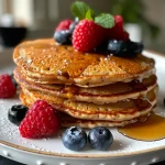 Mouthwatering high-protein cottage cheese pancakes with syrup and mint leaves, captured in detail.