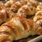 Close-up of freshly baked homemade croissants with a golden flaky crust.