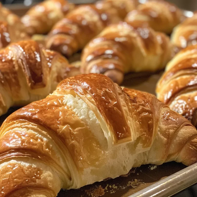 Close-up of freshly baked homemade croissants with a golden flaky crust.