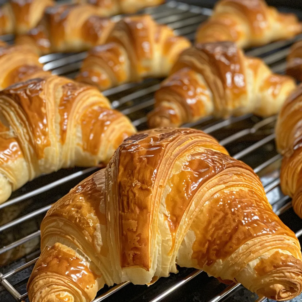 Side view of delicious homemade croissants, showcasing their layered texture.