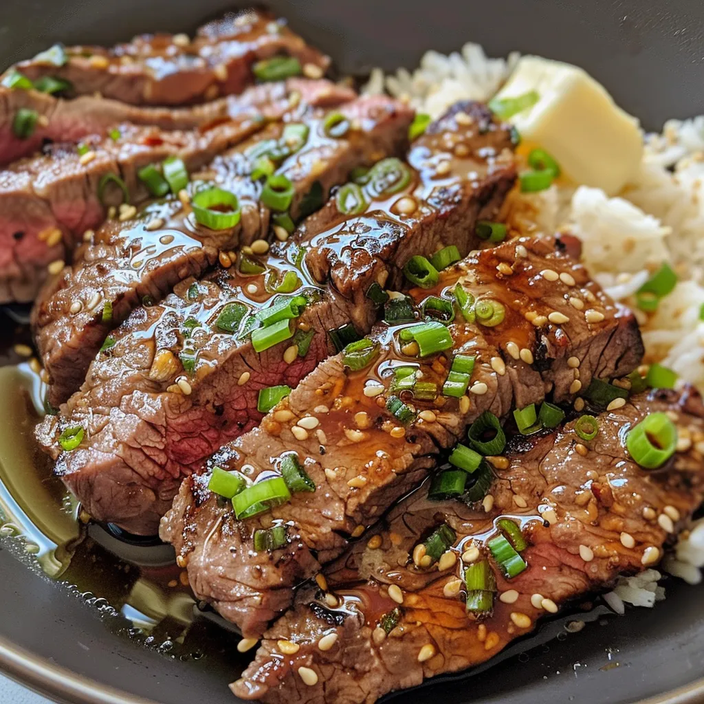 An appetizing image of a Honey Garlic Butter Steak and Rice Skillet, emphasizing the savory sauce.